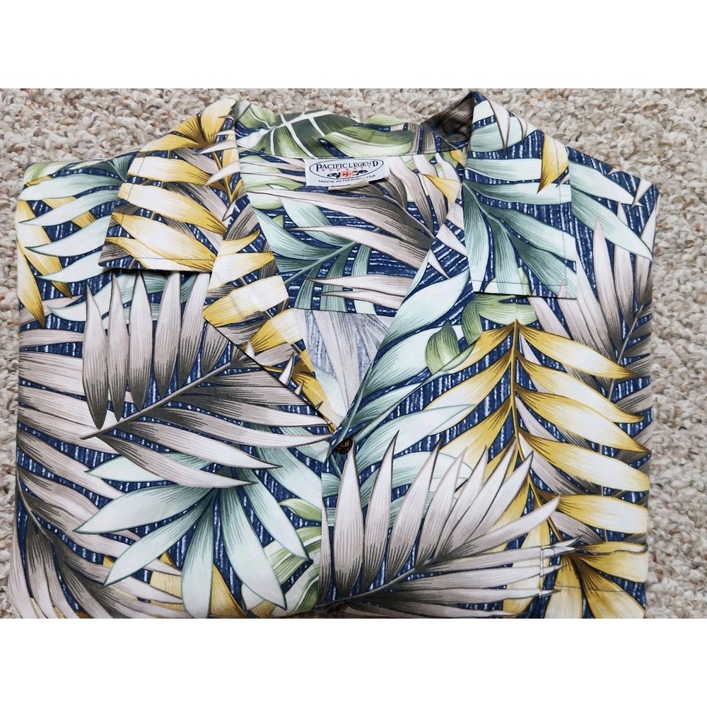 VINTAGE Pacific Legend Hawaiian Shirt Mens 2XL Green Button USA Palm Leaves